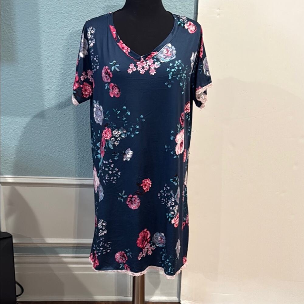 Nanette Lepore 1X Floral Sleep Shirt Dress Navy Pink Lace Trim romantic